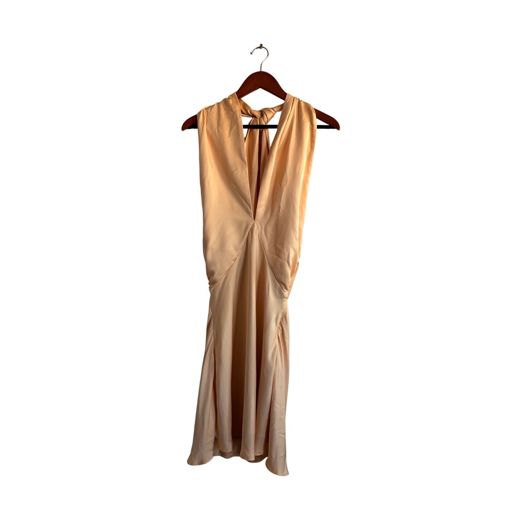 MESH KI Long Halter Neck mini Dress Evening Gown Champagne L